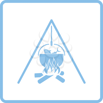 Icon of fire and fishing pot. Blue frame design. Vector illustration.