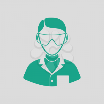 Icon of chemist in eyewear. Gray background with green. Vector illustration.