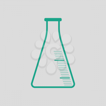 Icon of chemistry cone flask. Gray background with green. Vector illustration.