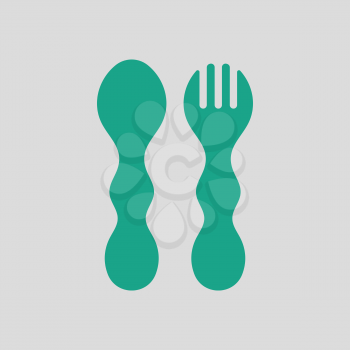 Baby spoon and fork icon. Gray background with green. Vector illustration.