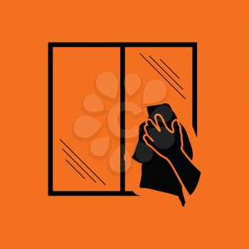 Hand wiping window icon. Orange background with black. Vector illustration.