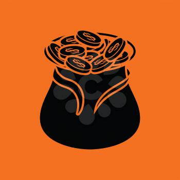 Open money bag icon. Orange background with black. Vector illustration.