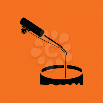 Icon of Fishing winter tackle . Orange background with black. Vector illustration.