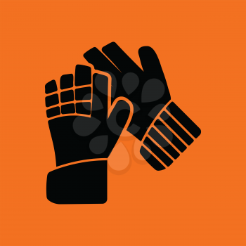 Soccer goalkeeper gloves icon. Orange background with black. Vector illustration.