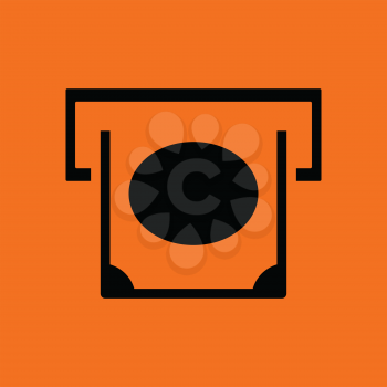 Banknote sliding from atm slot icon. Orange background with black. Vector illustration.