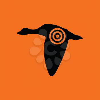 Flying duck  silhouette with target  icon. Orange background with black. Vector illustration.