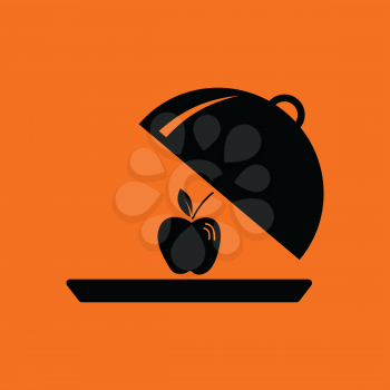 Apple inside cloche icon. Orange background with black. Vector illustration.