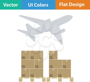 Boxes on pallet under airplane. Logistic concept icon. Vector illustration.
