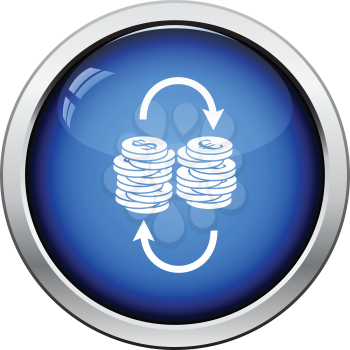 Dollar euro coins stack icon. Glossy button design. Vector illustration.