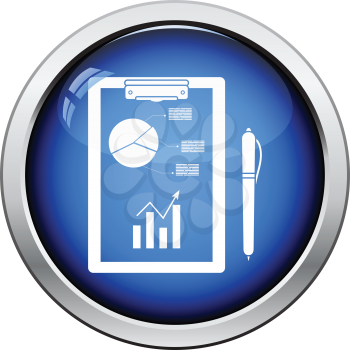 Writing tablet with analytics chart and pen icon. Glossy button design. Vector illustration.