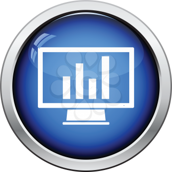Monitor with analytics diagram icon. Glossy button design. Vector illustration.