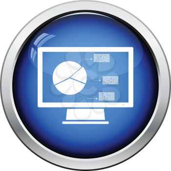 Monitor with analytics diagram icon. Glossy button design. Vector illustration.