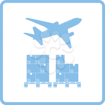 Boxes on pallet under airplane. Blue frame design. Vector illustration.