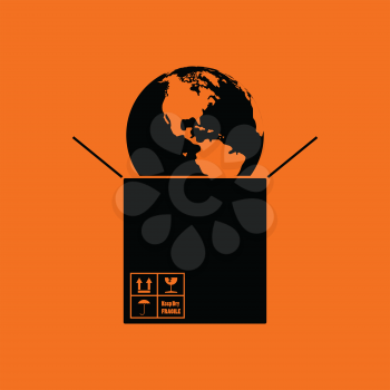 Planet in box. Orange background with black. Vector illustration.
