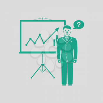 Clerk near analytics stand icon. Gray background with green. Vector illustration.