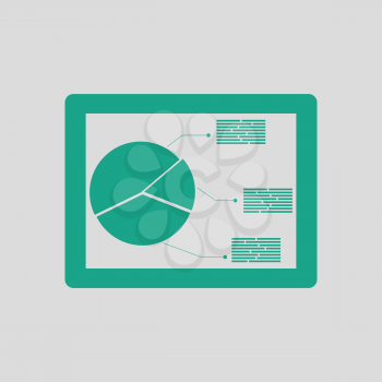 Tablet with analytics diagram icon. Gray background with green. Vector illustration.