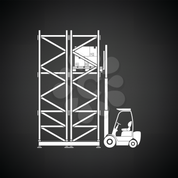 Warehouse forklift icon. Black background with white. Vector illustration.