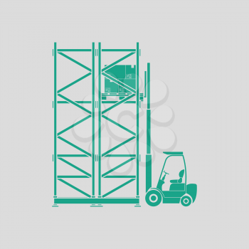 Warehouse forklift icon. Gray background with green. Vector illustration.