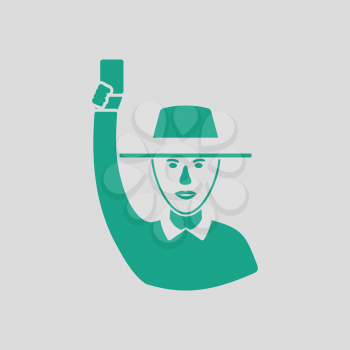 Cricket umpire with hand holding card icon. Gray background with green. Vector illustration.