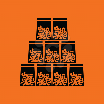 Macaroni in packages icon. Orange background with black. Vector illustration.