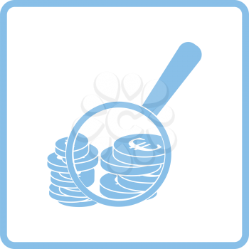 Magnifying over coins stack icon. Blue frame design. Vector illustration.
