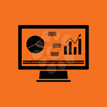 Monitor with analytics diagram icon. Orange background with black. Vector illustration.