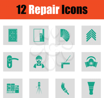 Set of flat repair icons. Green on gray design. Vector illustration.