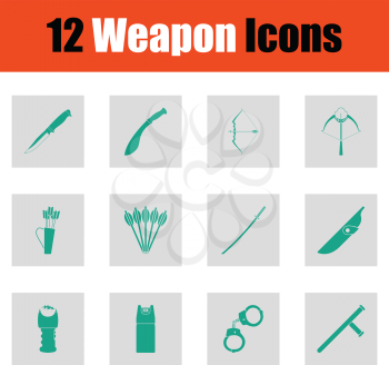 Set of twelve weapon icons. Green on gray design. Vector illustration.