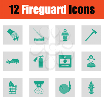 Set of fire service icons. Green on gray design. Vector illustration.
