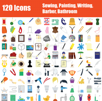 Set of 120 Icons. Sewing, Painting, Writing, Barber, Bathroom themes. Color Flat Design. Vector Illustration.