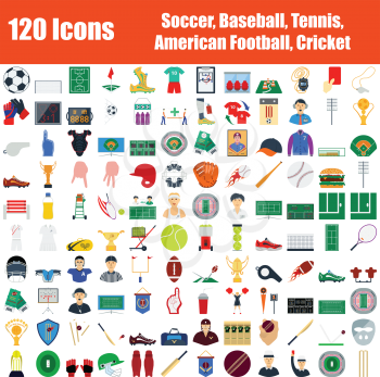 Set of 120 Icons. Soccer, American Football, Tennis, Cricket themes. Color Flat Design. Vector Illustration.