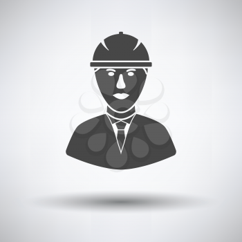 Icon of construction worker head in helmet on gray background, round shadow. Vector illustration.