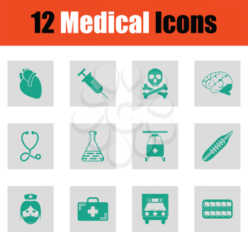 Medical icon set. Green on gray design. Vector illustration.
