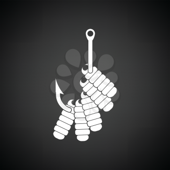 Icon of worm on hook. Black background with white. Vector illustration.