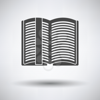 Open book with bookmark icon on gray background, round shadow. Vector illustration.