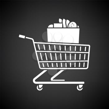 Shopping Cart With Bag Of Food Icon. White on Black Background. Vector Illustration.