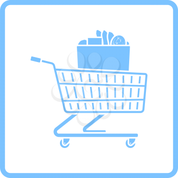 Shopping Cart With Bag Of Food Icon. Blue Frame Design. Vector Illustration.