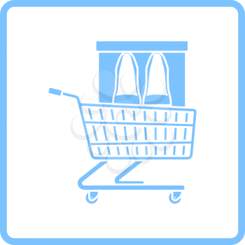Shopping Cart With Shoes In Box Icon. Blue Frame Design. Vector Illustration.