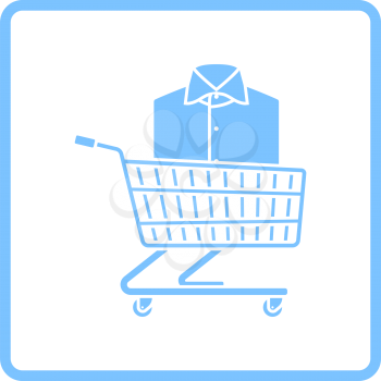 Shopping Cart With Clothes (Shirt) Icon. Blue Frame Design. Vector Illustration.