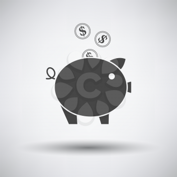 Golden Coins Fall In Piggy Bank Icon. Dark Gray on Gray Background With Round Shadow. Vector Illustration.