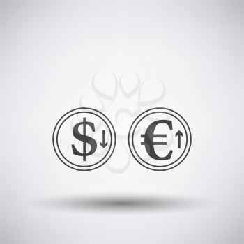 Falling Dollar And Growth Up Euro Coins Icon. Dark Gray on Gray Background With Round Shadow. Vector Illustration.