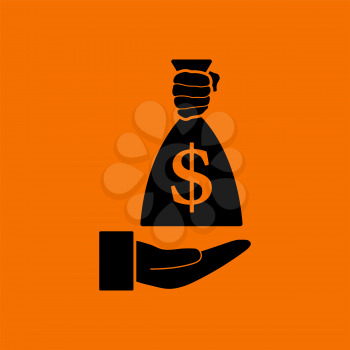 Hand Holding The Money Bag Icon. Black on Orange Background. Vector Illustration.