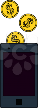 Golden Coins Fall In Smartphone Icon. Editable Outline With Color Fill Design. Vector Illustration.