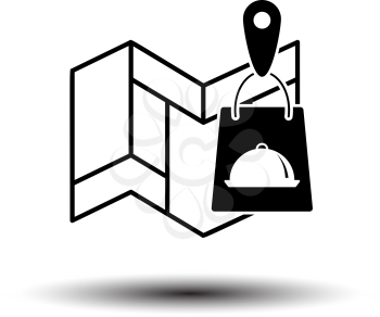 Map With Delivery Food Bag Icon. Black on White Background With Shadow. Vector Illustration.