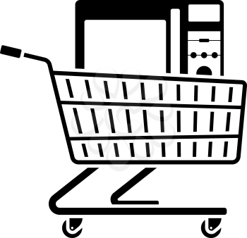 Shopping Cart With Microwave Oven Icon. Black Stencil Design. Vector Illustration.