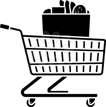 Shopping Cart With Bag Of Food Icon. Black Stencil Design. Vector Illustration.