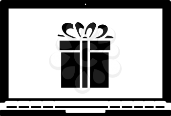 Laptop With Gift Box On Screen Icon. Black Stencil Design. Vector Illustration.