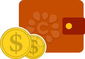 Two Golden Coins In Front Of Purse Icon. Flat Color Design. Vector Illustration.