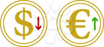 Falling Dollar And Growth Up Euro Coins Icon. Flat Color Design. Vector Illustration.