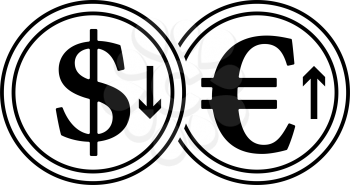 Falling Dollar And Growth Up Euro Coins Icon. Black Glyph Design. Vector Illustration.